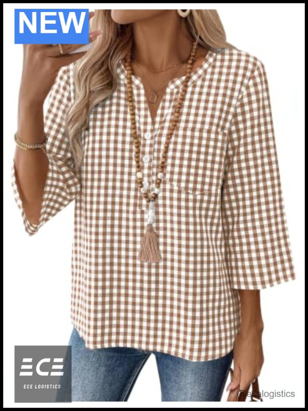 Linen Cotton 3/4 Sleeve V Neck Button Down Top Loose Fit